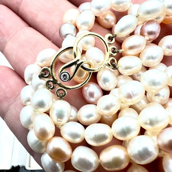 14K Gold Diamond Clasp Womens Multi Strand Pearl Estate Necklace Original Box - Picture 8 of 9